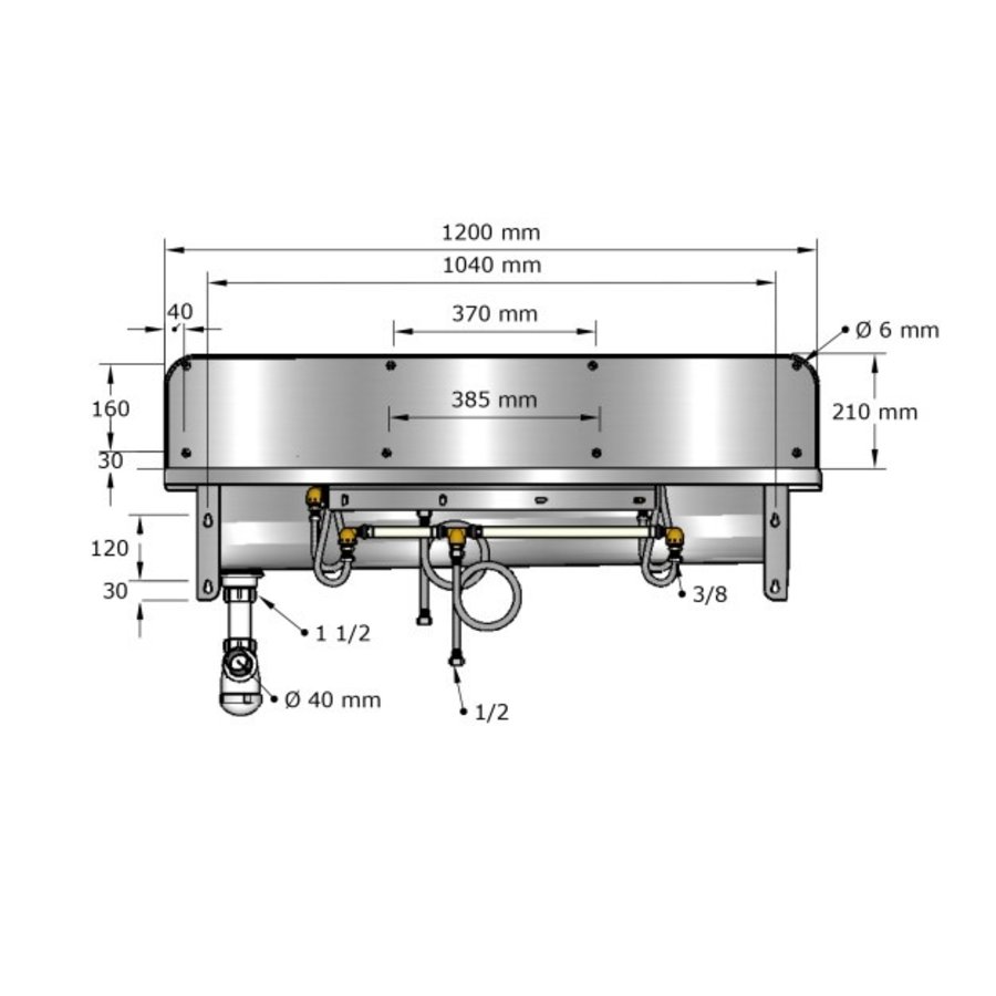 Lavabo rigole inox 2 postes avec robinets XL - 1200x400x240 mm