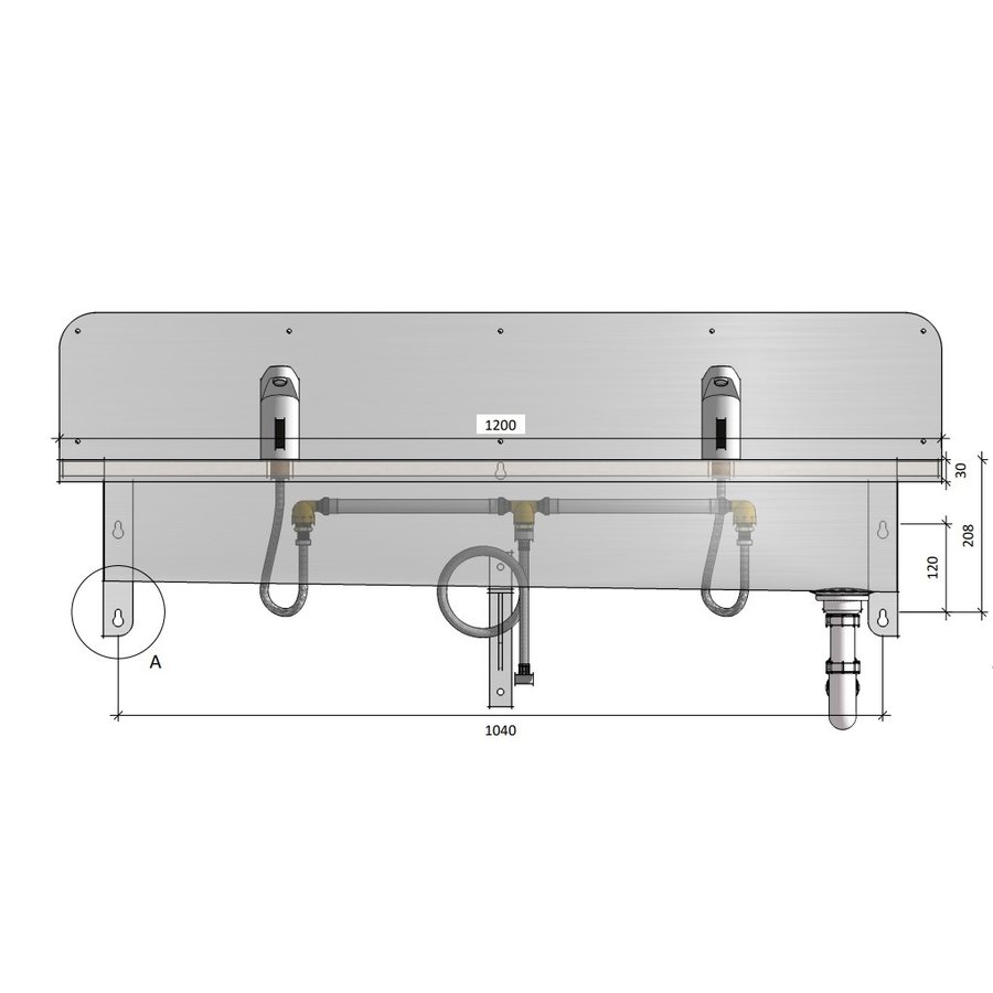 Lavabo rigole inox avec robinets et dosseret | 6 dimensions