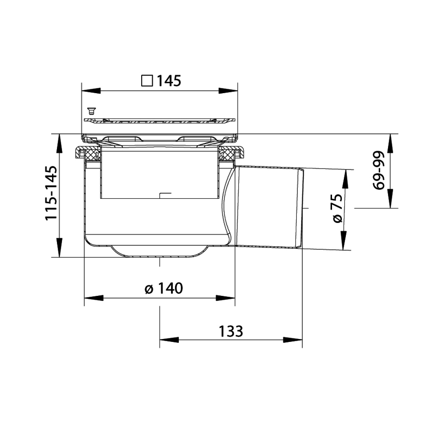 Caniveau de sol 145x145mm 176996 - sortie horizontale