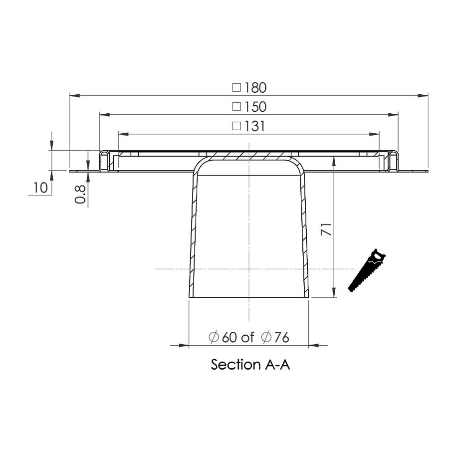 Caniveau de sol en inox 150 x 150 mm - 10mm(P) - sortie verticale