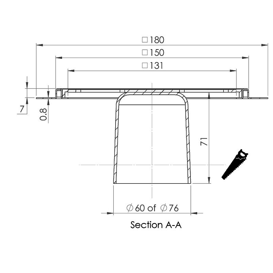 Caniveau de sol en inox  150 x 150 mm - 7mm(P) - sortie verticale