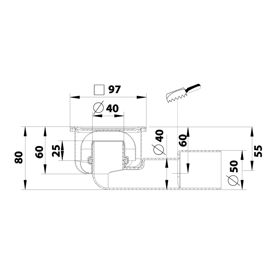 Caniveau de sol en inox - 97 x 97 mm - 60 mm (P) sortie verticale et horizontale