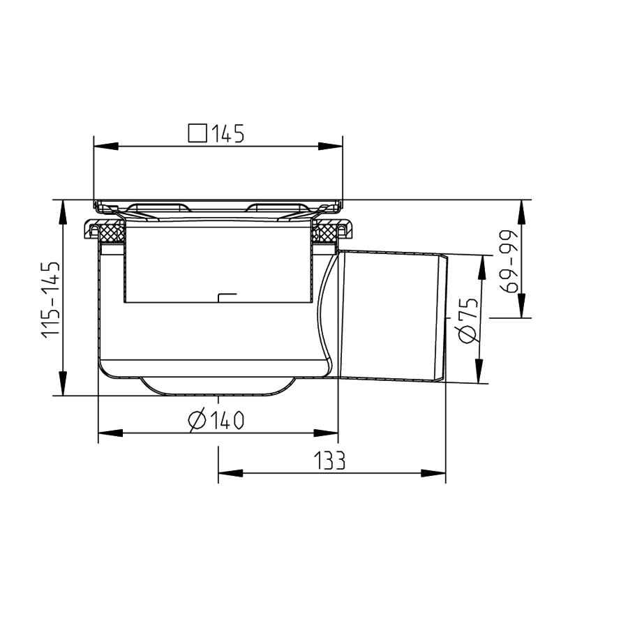 Caniveau de sol inox 145x145mm 177000 - sortie horizontale