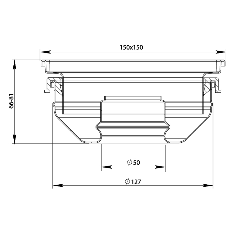 Caniveau de sol en inox 150 x 150 mm - 66 - 81 mm (P) sortie verticale