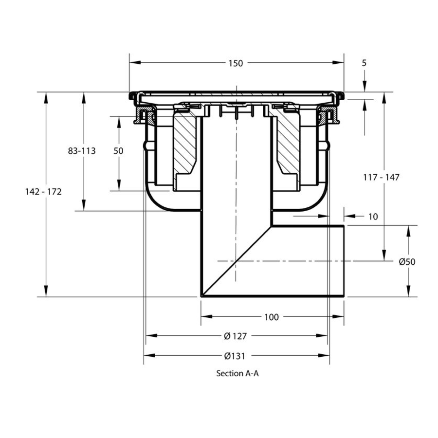 Caniveau de sol en inox 150 x 150 mm - 142 - 172 mm (P) sortie verticale et horizontale