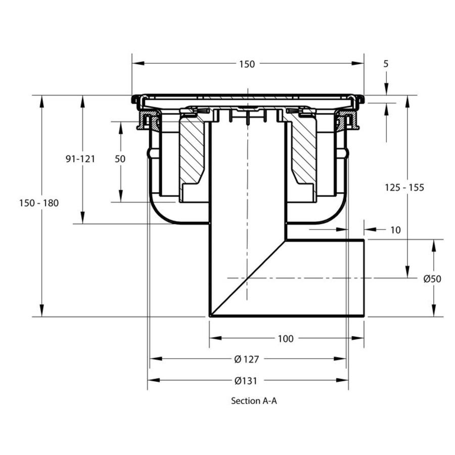 Caniveau de sol - 150 x 150 mm - 150 - 180 mm (P) sortie verticale et horizontale