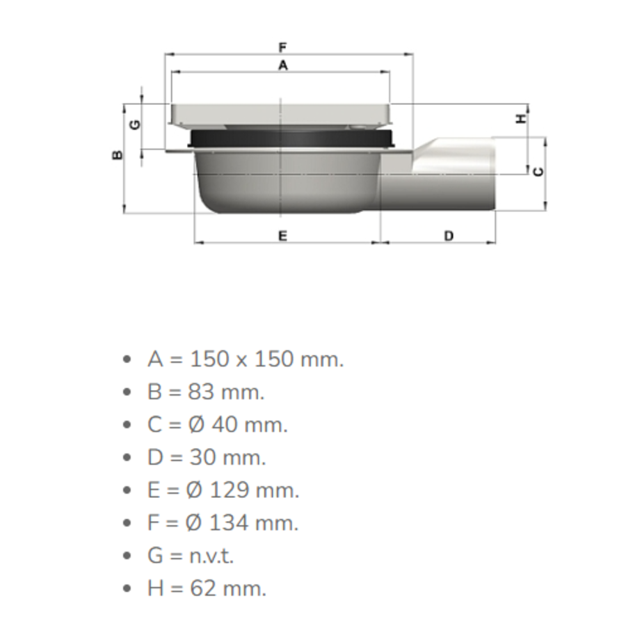 Caniveau de sol - 150 x 150 mm - 83 mm (P) sortie verticale et horizontale