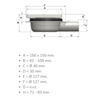 Caniveau de sol en inox - 150 x 150 mm - 93 - 108 mm (P) sortie verticale et horizontale