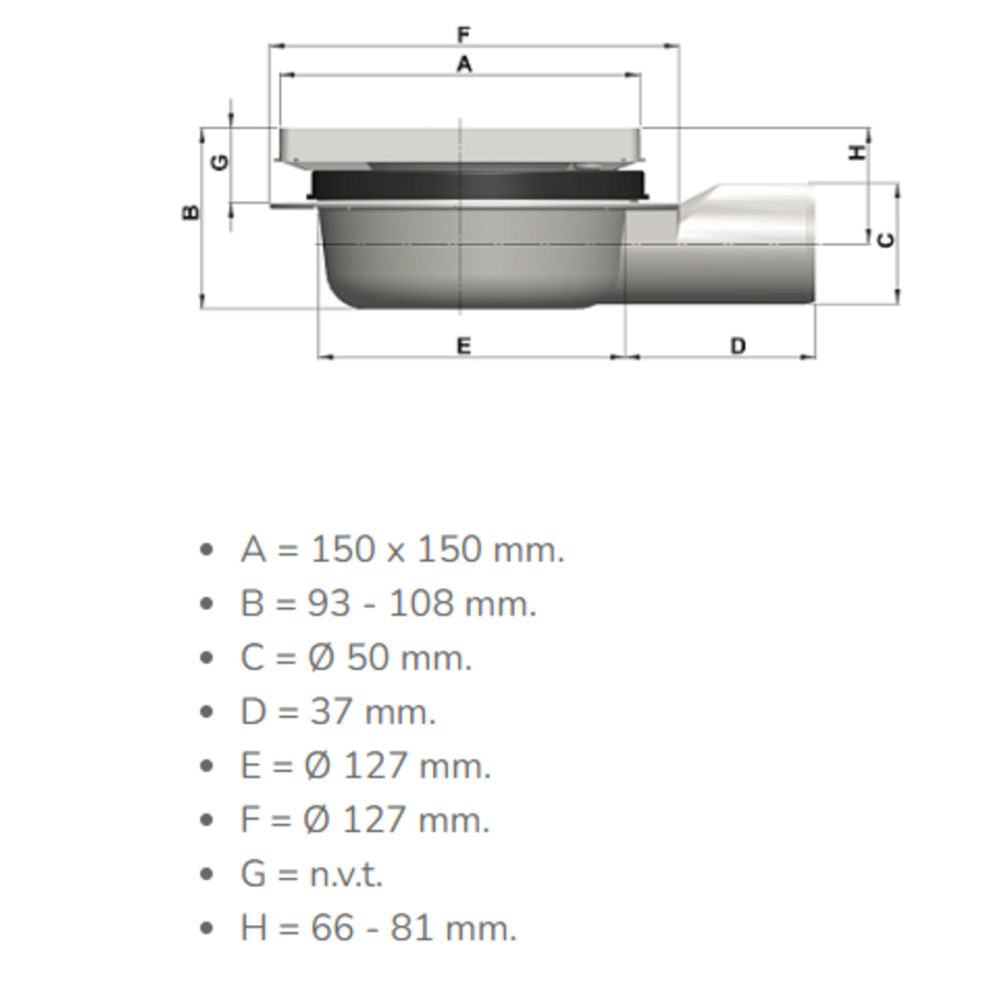 Caniveau de sol - 150 x 150 mm - 93 - 108 mm (P) sortie verticale et horizontale