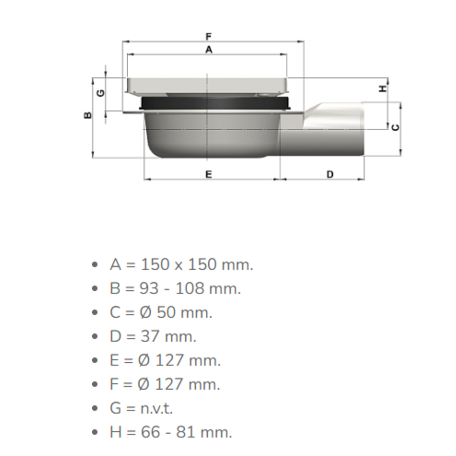 Caniveau de sol en inox - 150 x 150 mm - 93 - 108 mm (P) sortie verticale et horizontale