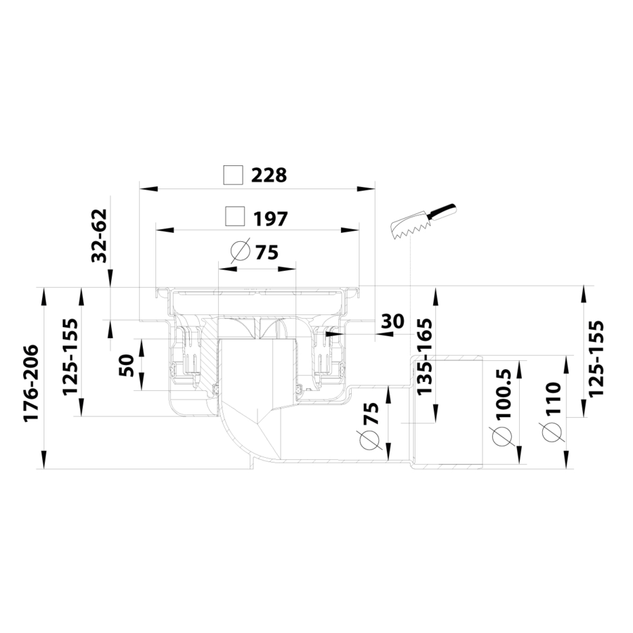 Caniveau de sol inox 197 x 197 mm - (P) 125 - 206  mm sortie  horizontale