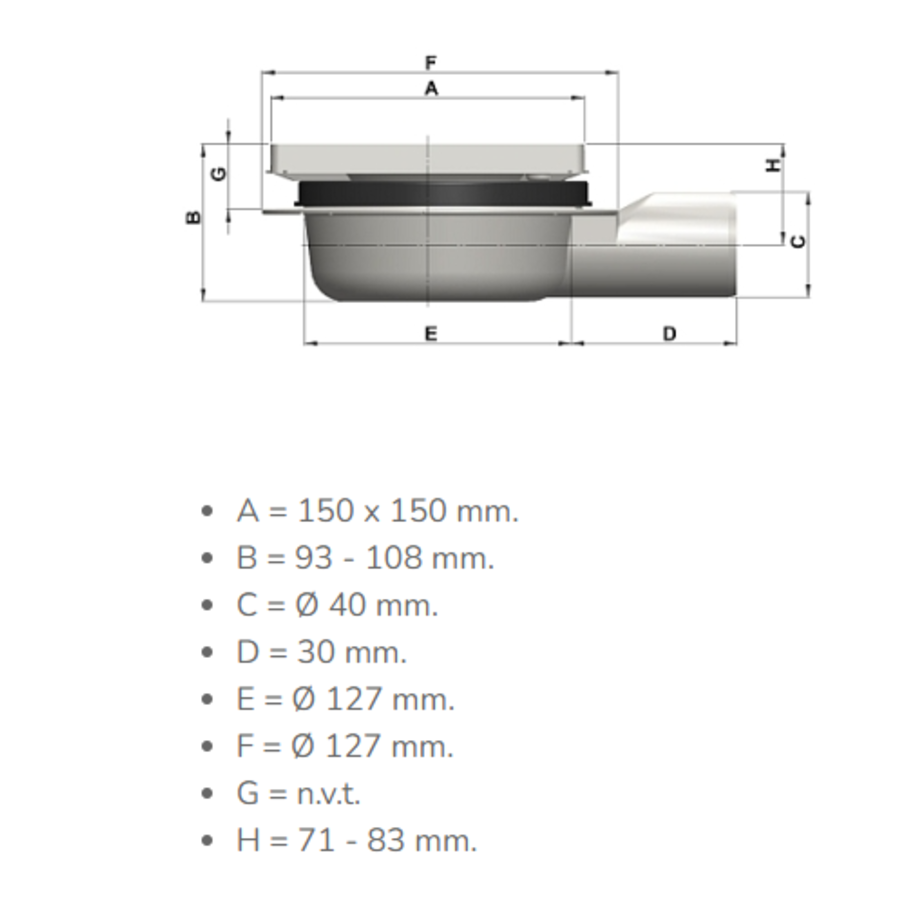 Caniveau de sol inox -150 x 150 mm - 4840S - sortie horizontale
