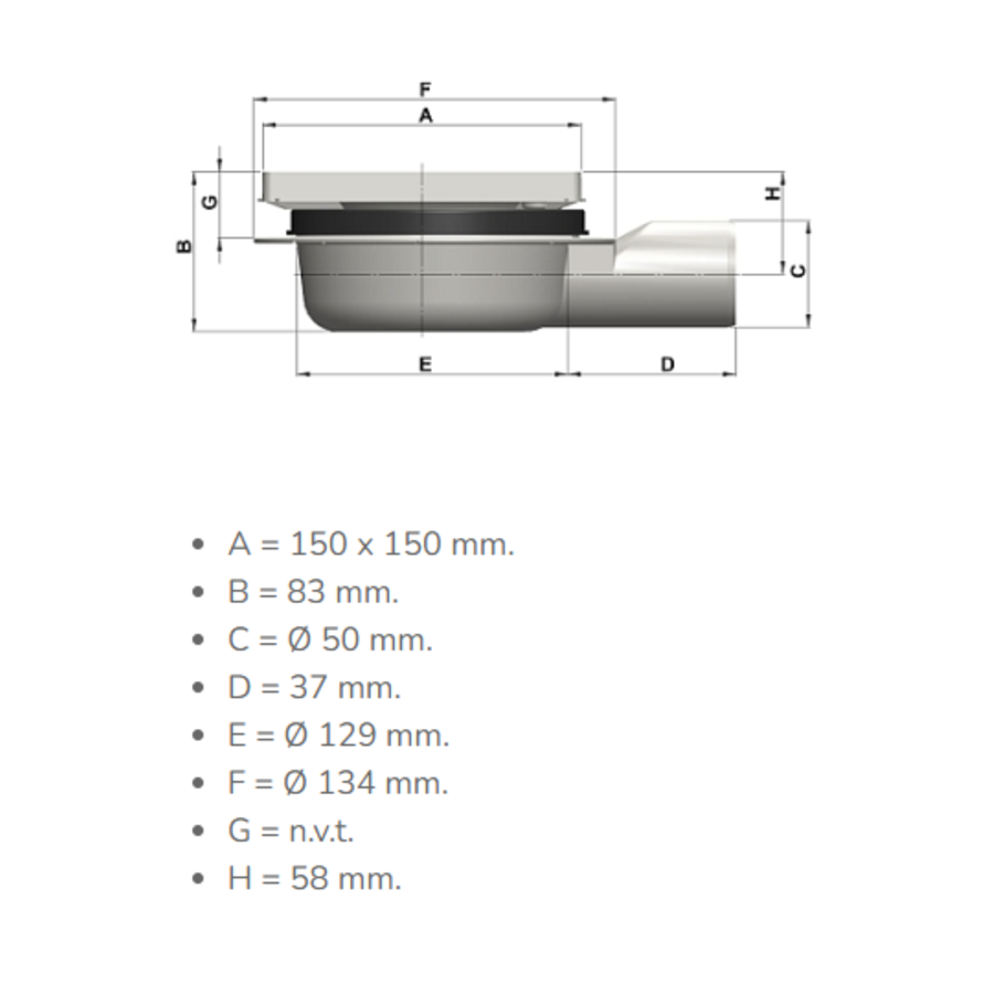 Caniveau de sol en inox - 150 x 150 mm - 4750S - sortie horizontale