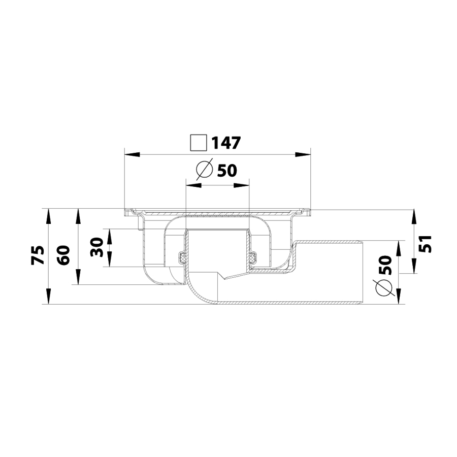 Caniveau de sol en inox 147 x 147 mm - 182.150.050 - sortie horizontale