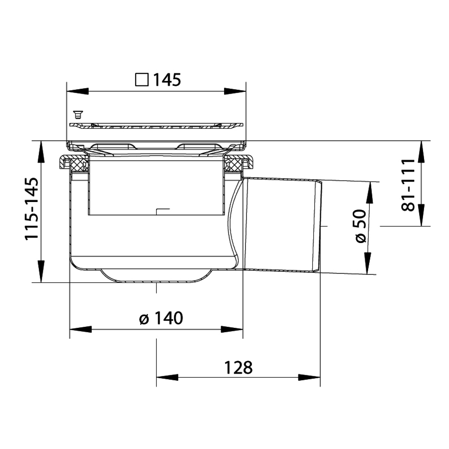 Caniveau de sol en inox - 145 x 145 mm - 110.300.050 - sortie horizontale