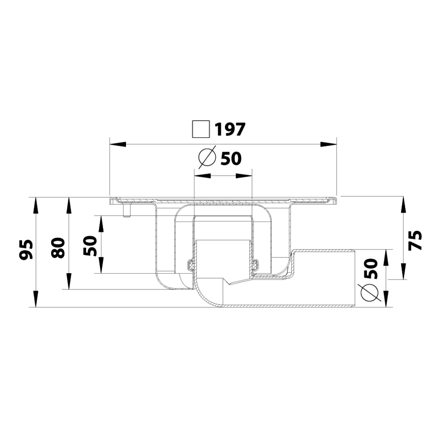 Caniveau de sol en inox 197 x 197 mm - 182.203.050 - sortie horizontale