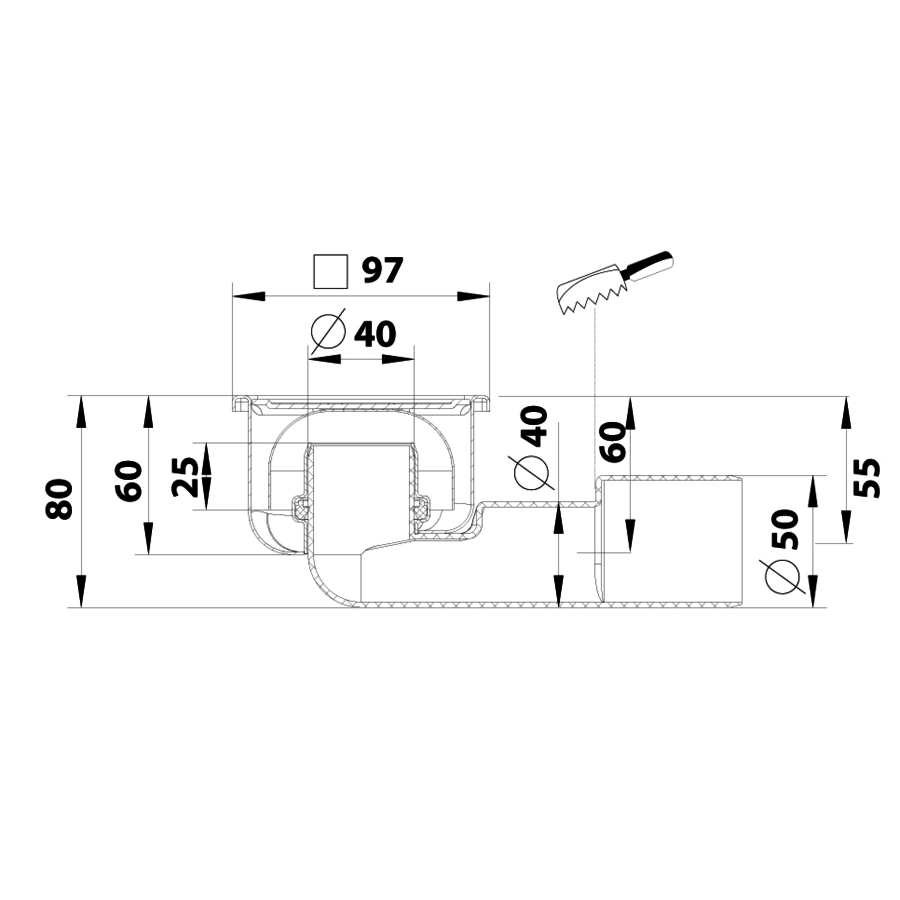 Caniveau de sol en inox - 97 x 97 mm - 182.101.040 - sortie horizontale