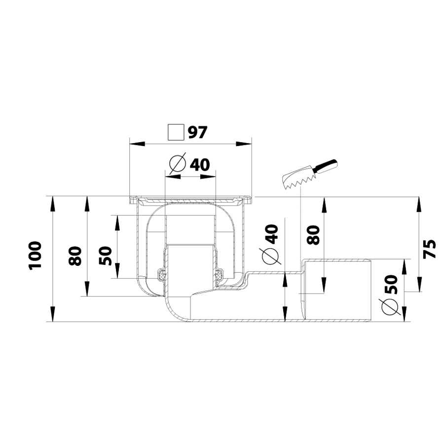 Caniveau de sol en inox - 97 x 97 mm - 182.102.040 - sortie horizontale