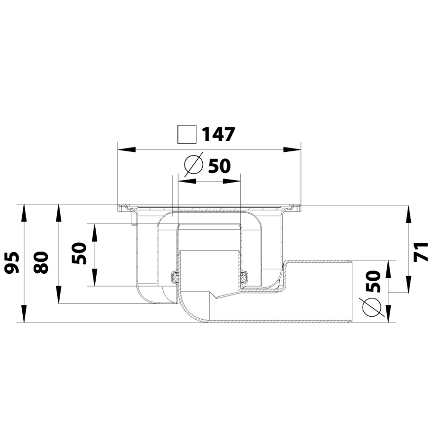 Caniveau de sol en inox 147 x 147 mm - 182.152.050 - sortie horizontale