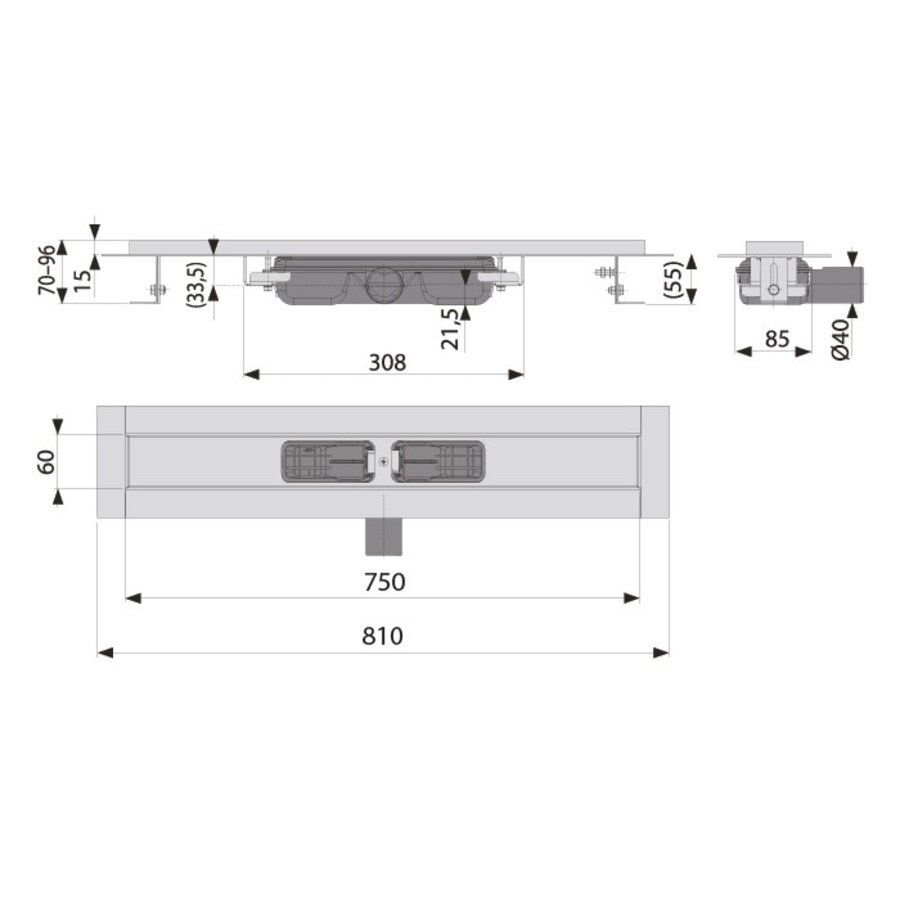 Caniveau de douche inox  750 x 60 mm - 0,53L/s - sortie horizontale