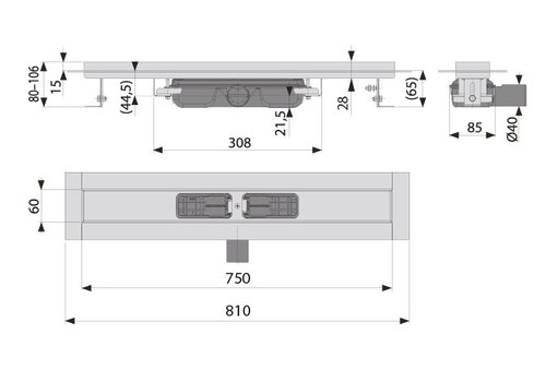  ProChef Caniveau de douche inox  750 x 60 mm - 0,53L/s - sortie horizontale 