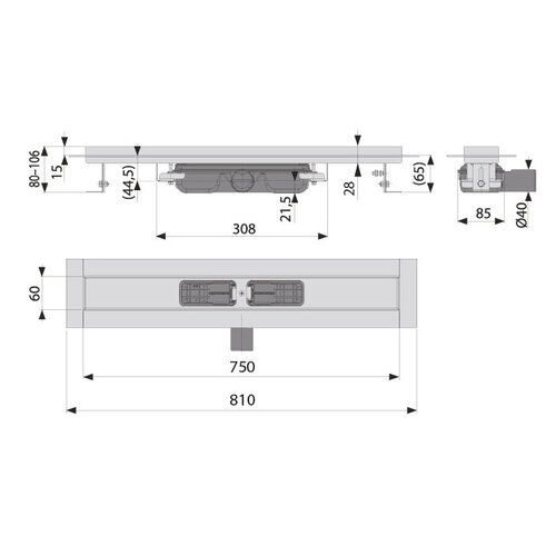  ProChef Caniveau de douche inox  750 x 60 mm - 0,53L/s - sortie horizontale 