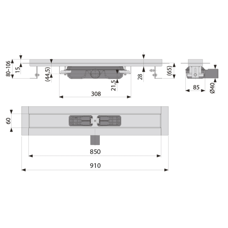 Caniveau de douche inox 850 x 60 mm - 0,53 l/s - sortie horizontale