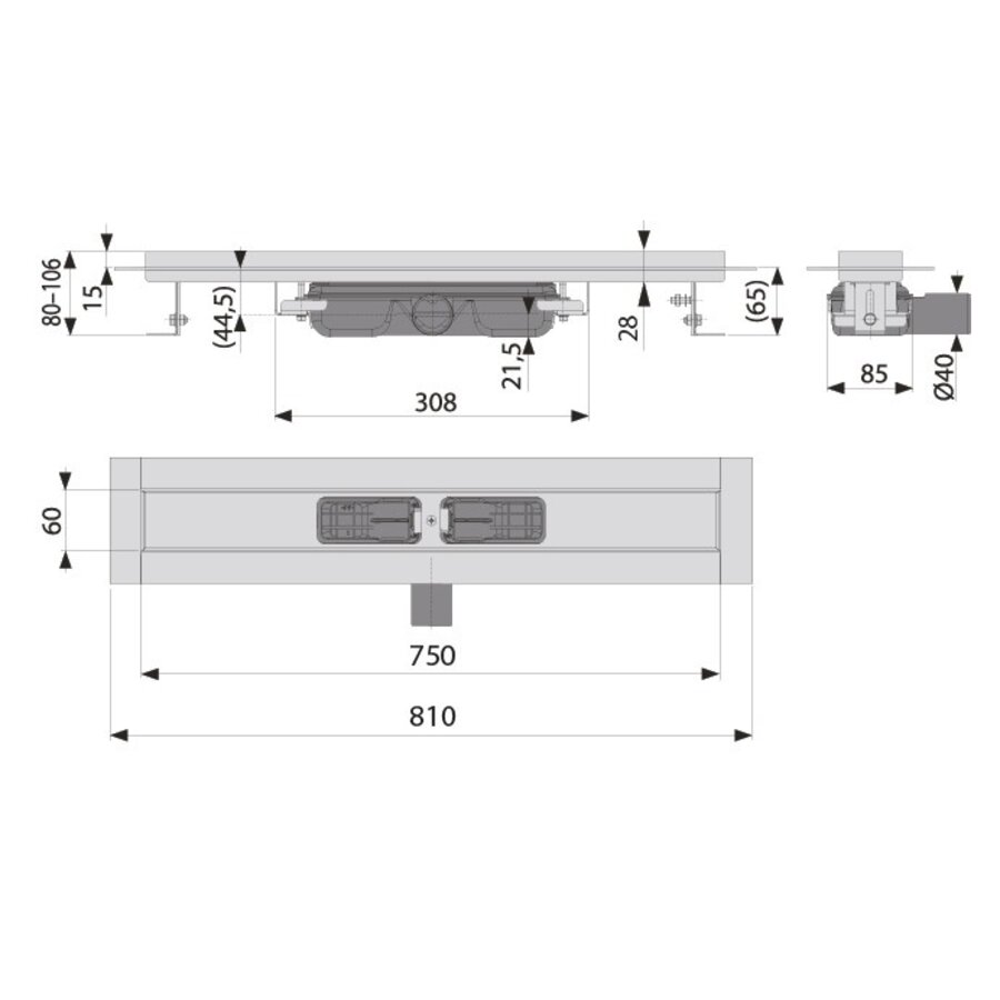 Caniveau de douche inox  750 x 60 mm - 0,53L/s - sortie horizontale