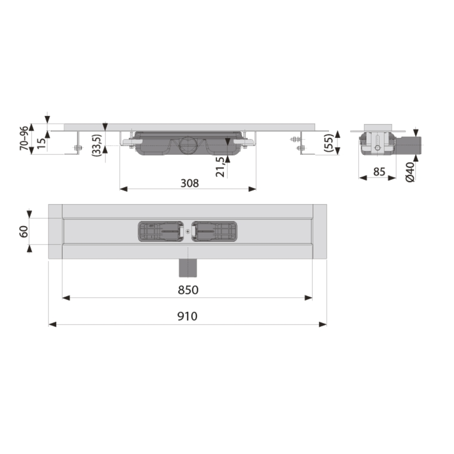 Caniveau de douche inox 850 x 60 mm - 0,53 l/s - sortie horizontale