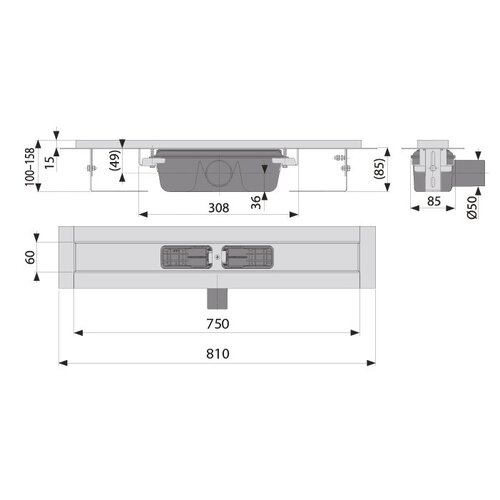  ProChef Caniveau de douche inox  750 x 60 mm - 1,15L/s - sortie horizontale 