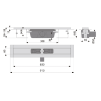 Caniveau de douche inox 850 x 60 mm - 1,00 l/s - 1,15 l/s - sortie horizontale