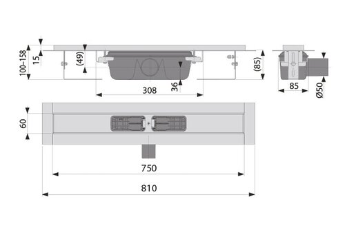  ProChef Caniveau de douche inox  750 x 60 mm - 1,15L/s - sortie horizontale 