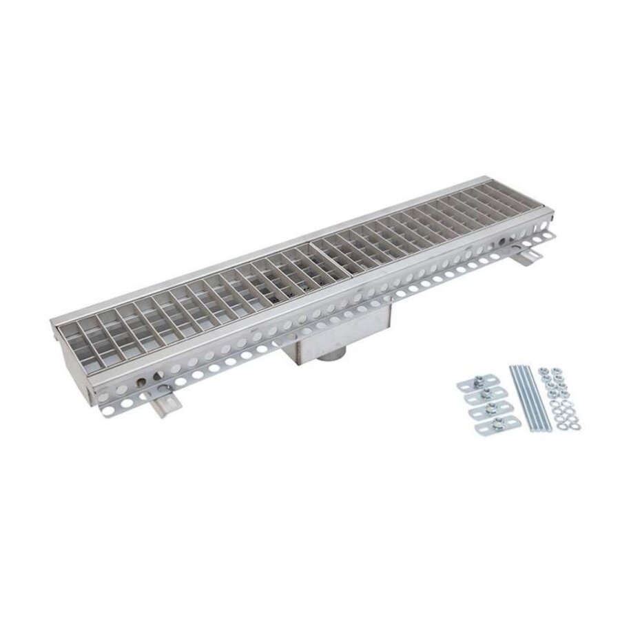 Caniveau de sol inox 150x1000mm drain central  ø75mm - sortie verticale