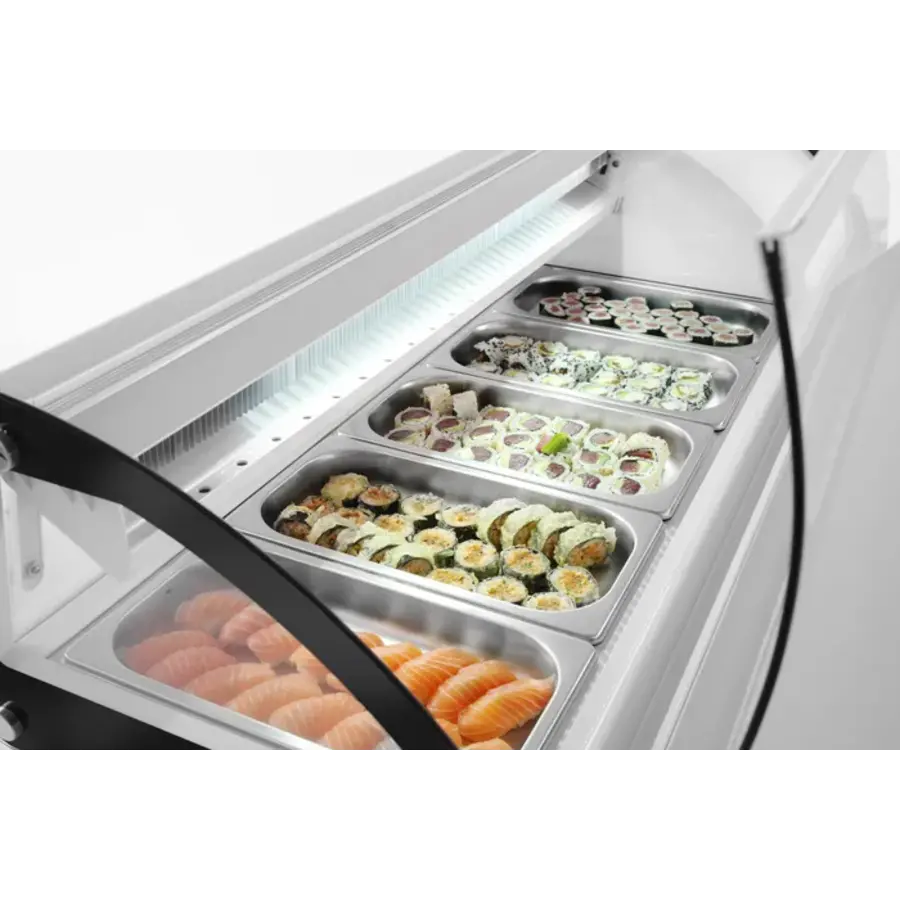 Vitrine à sushis a vitre coulissante avec 5 plateaux de 230V 1307x445x(h)327