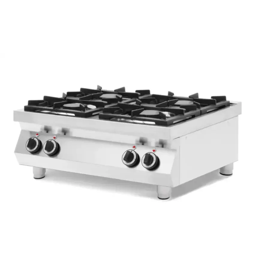 Table de cuisson à gaz en Inox- 4 feux -  800x700x(h)310 - Bruleurs 2x 6 kW + 2x 3.5 kW