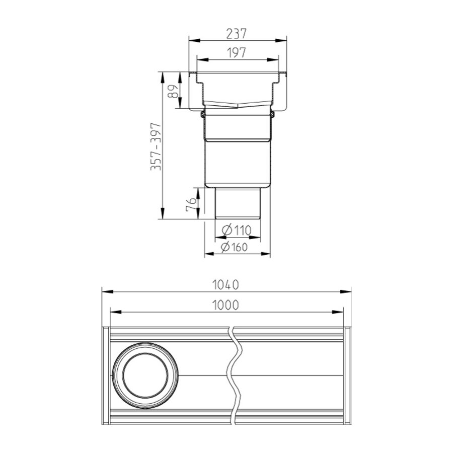 Caniveaux de sol inox  1000 x 200 mm drain sur coté 	ø 110 mm  - sotie vertical