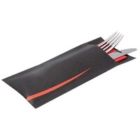 Pochettes à couverts noires avec serviette rouge (Lot de 100)