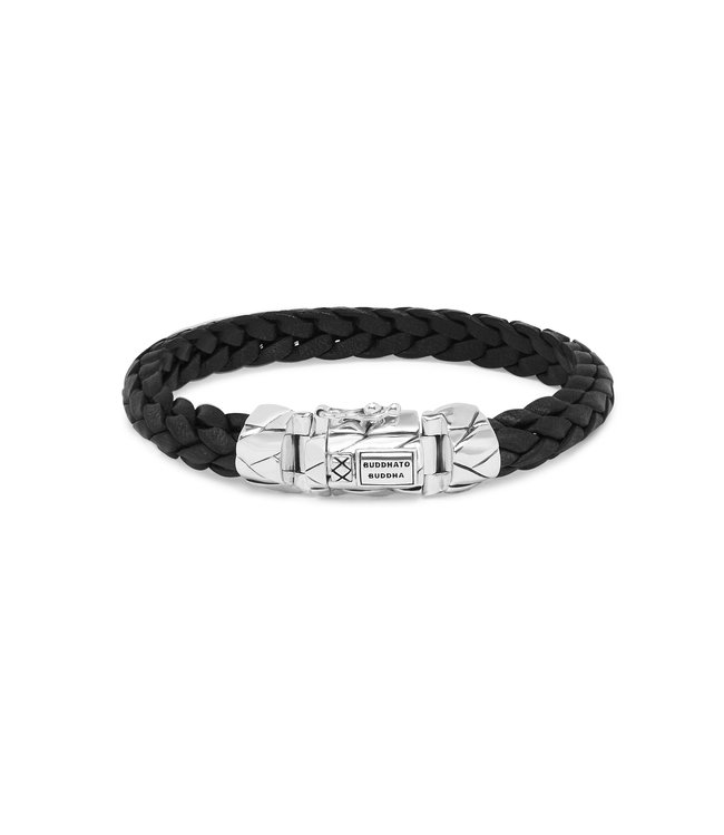 Buddha to Buddha Exclusive Mangky Small Leren armband zwart 925 Sterling Silver – Free Engraving