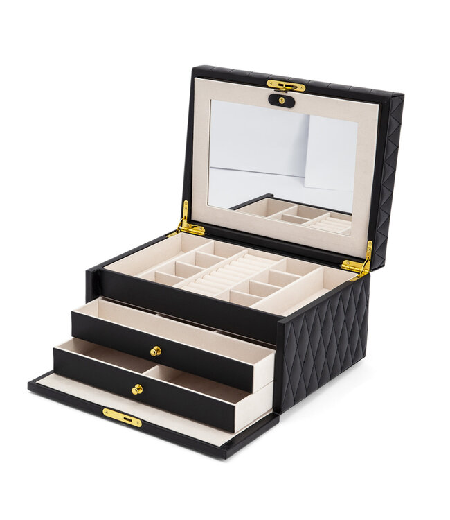 Luxe Zwarte Sieradenbox met Twee Lades en Meerdere Vakjes – Artikelnummer 95.00106