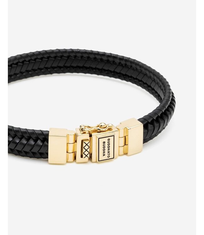 Buddha to Buddha Leer Armband Edwin Small Goud Verguld Zwart