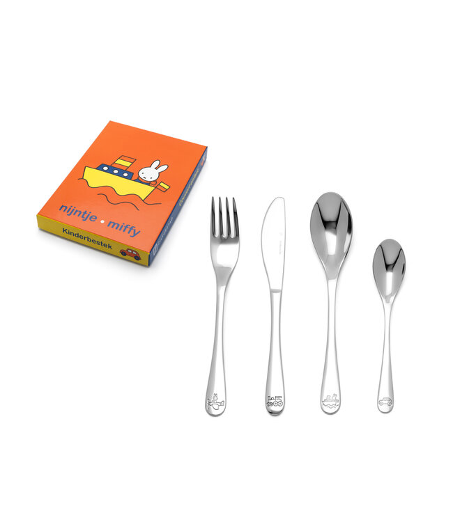 Kinderbestekje 4-delig nijntje voertuigen rvs - Een prachtig cadeau. Dit product is inclusief "gratis Gravure".