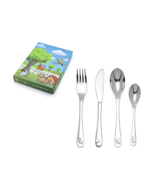 Kinderbestekje 4-delig Huisdieren rvs - Een prachtig cadeau. Dit product is inclusief "gratis Gravure".