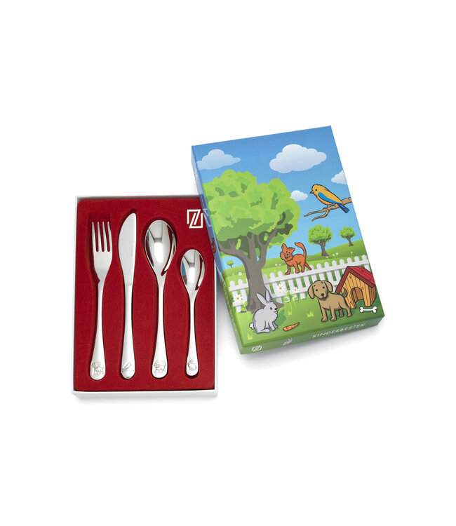 Kinderbestekje 4-delig Huisdieren rvs - Een prachtig cadeau. Dit product is inclusief "gratis Gravure".