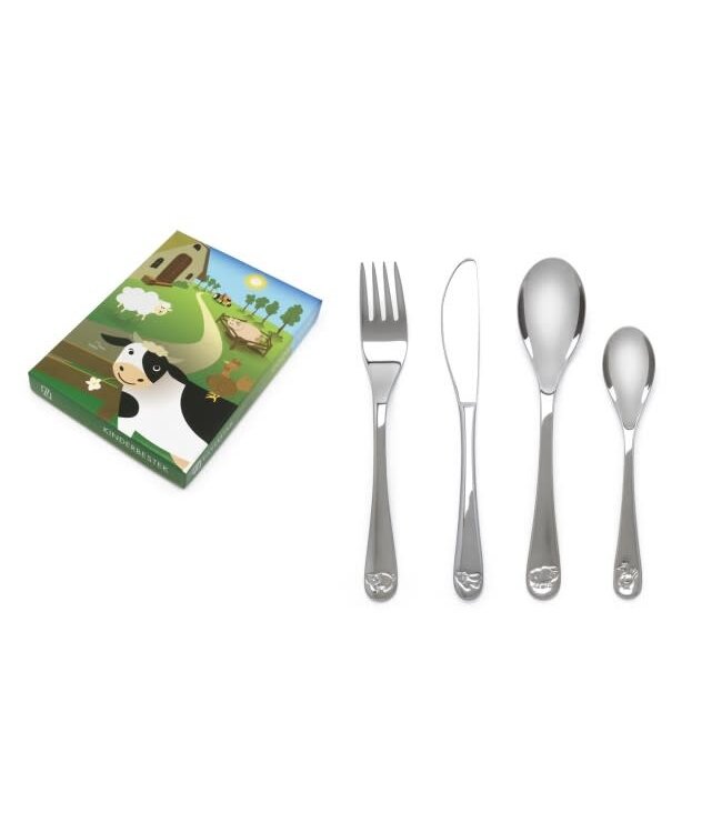 Kinderbestekje 4-delig Boerderijdieren rvs - Een prachtig cadeau. Dit product is inclusief "gratis Gravure".