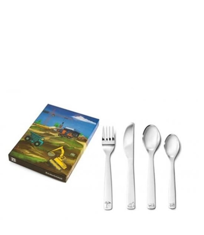 Kinderbestekje 4-delig Bouwvoertuigen rvs - Een prachtig cadeau. Dit product is inclusief "gratis Gravure".