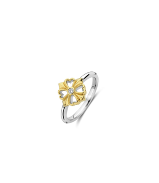 Vintage Klaver Ring 12357ZY - Zilver verguld, Zirkonia met geel verguld