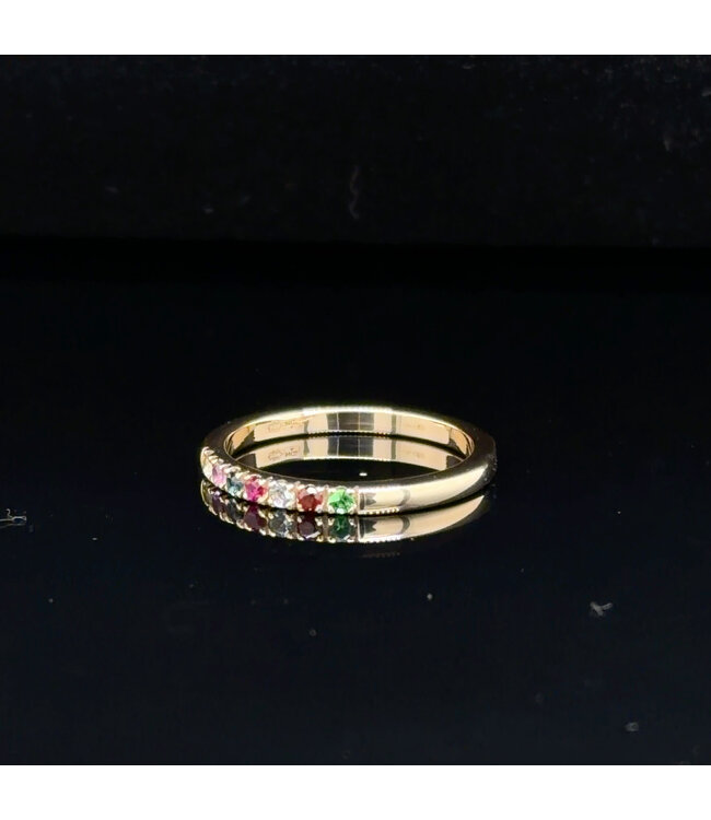 Geelgouden regenboogring met multicolor edelstenen maat 53