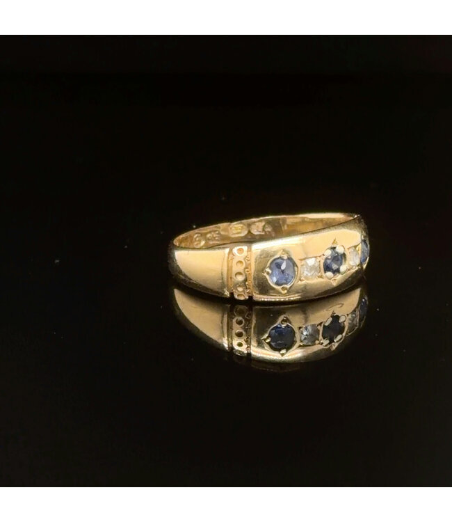 Geelgouden ring met zirkonia en blauwe stenen maat 16,5