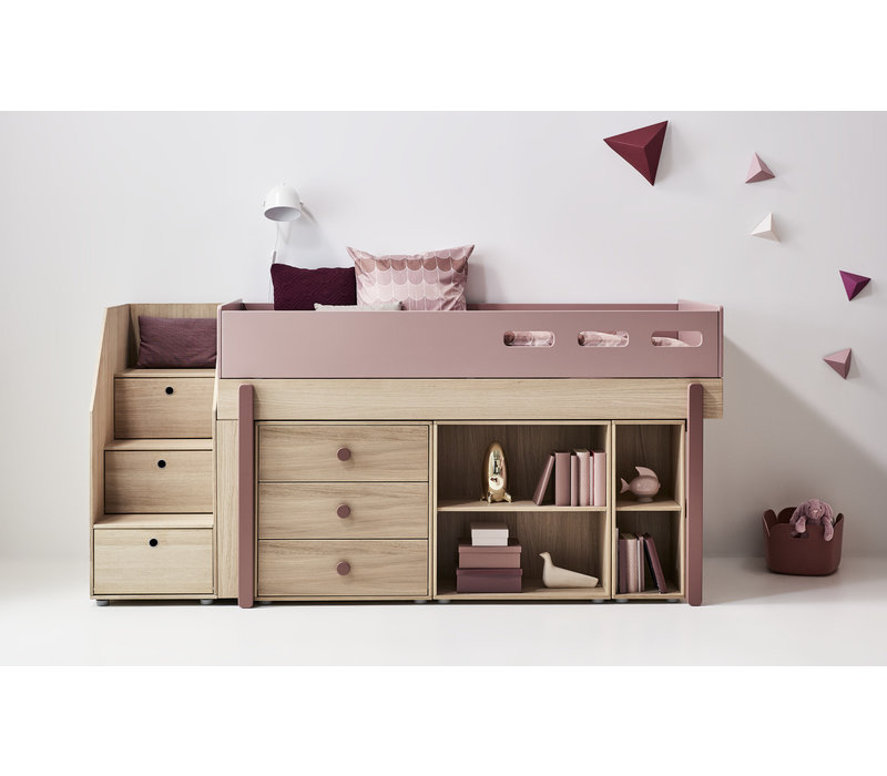 POPSICLE Mid-high bed with staircase oak/cherry