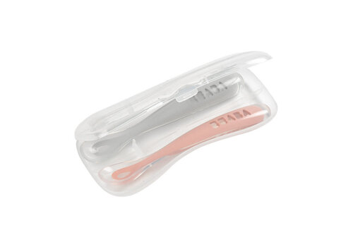 Béaba Set of 2 1st age silicone spoon + transport box old pink